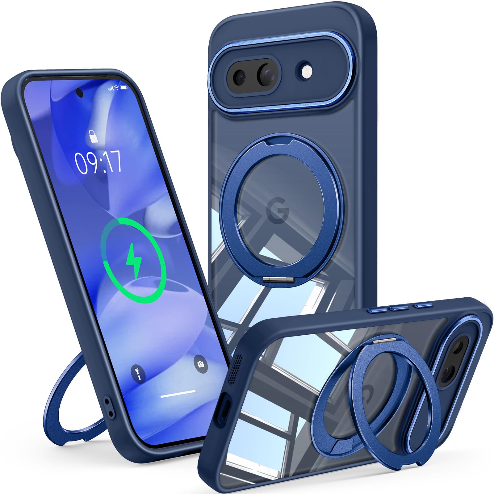 Photo 1 of ?360° Spin Magnetic Stand? Case for Google Pixel 9A ?Fit for MagSafe & Pixelsnap? Cover with Ring Holder ?No-Yellow Crystal Clear? Camera Protection Phone Google Pixel 9A Case - Blue