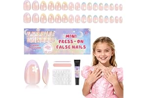 Qiek 16 Sizes Press on Nails Kit for Kids - 32 Pieces French Almond Fake Nail Tips for Girls 8-12 Years Old with Jelly Nail Adhesives & No-Lamp Nail Glue, Birthday Christmas Gifts (Colorful Flower)