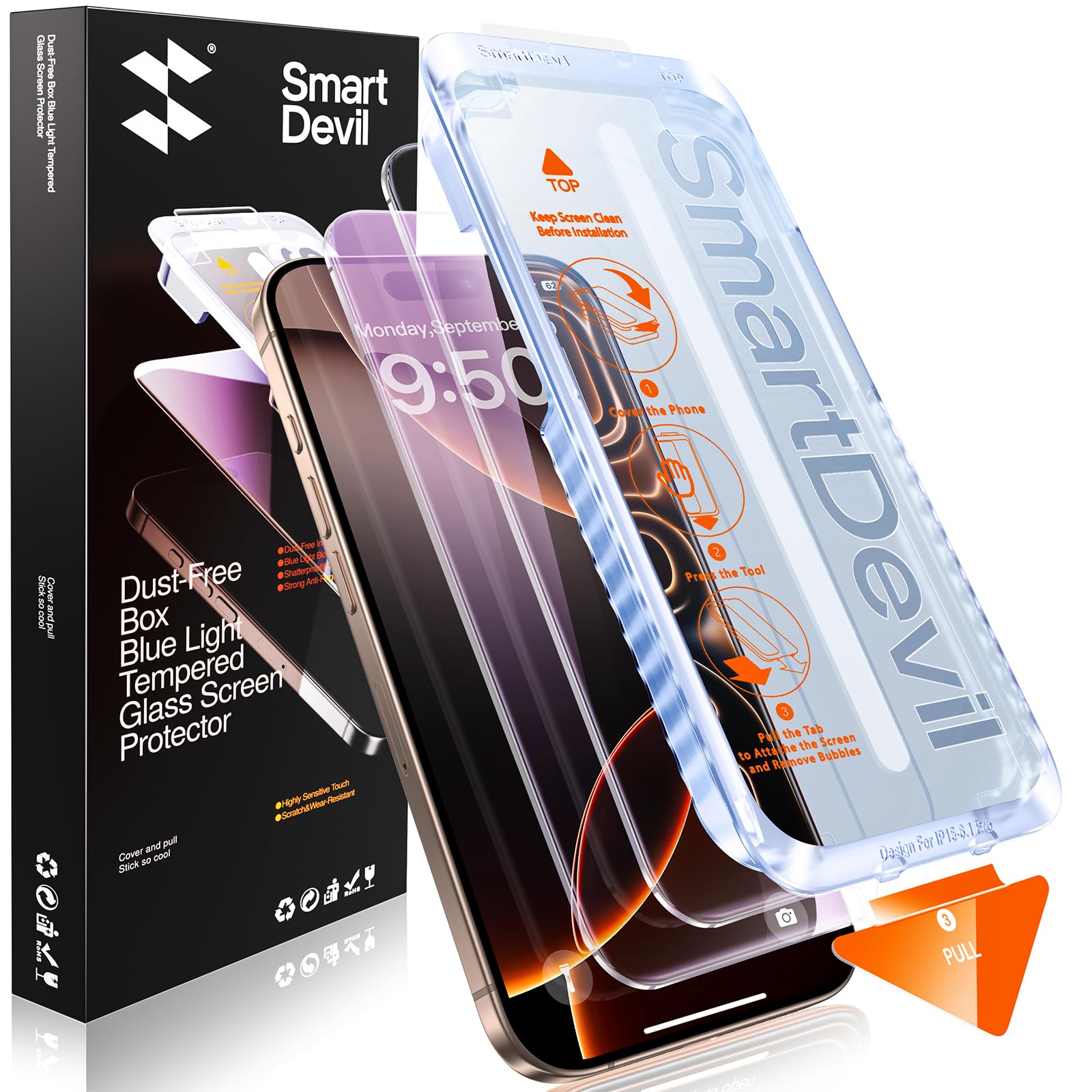 SMARTDEVIL 2 Pack for iPhone 16 Pro Max Screen Protector (Anti-Blue Light) - Eye Protection, 9H+ High-Aluminosilicate Glass, HD Clear & Bubble-Free, Easy Installation