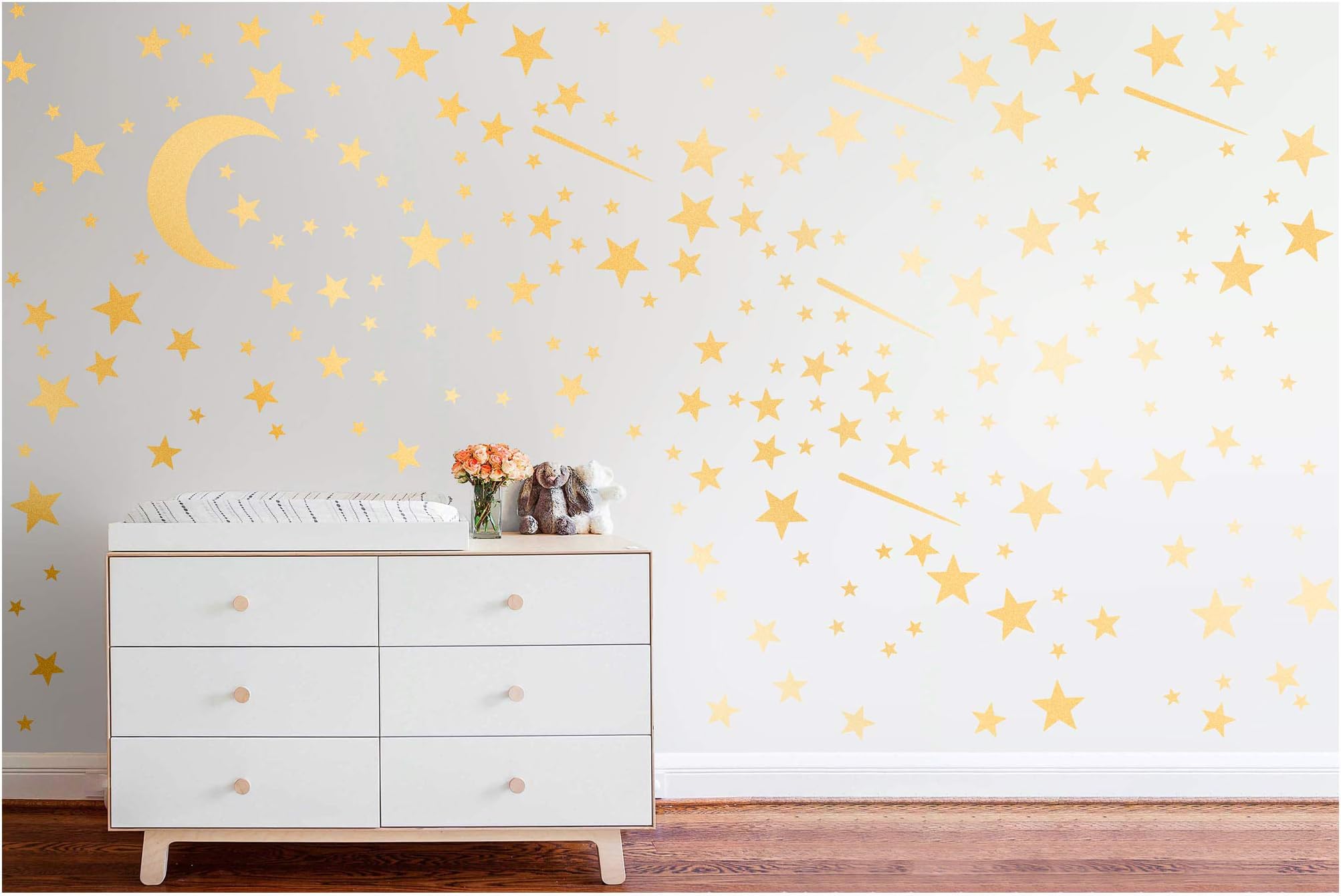 PapaKit Twinkle Little Stars & Moon Wall Decal (Champagne Gold, 200 Assorted Stickers) Baby Nursery Child Kid Teen Girl Boy Room Home Decor | Creative Art Design Pattern | Safe Removable Adhesive