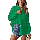 AISEW Womens Casual Button Down V Neck Shirts Raglan Long Sleeve Loose Fit Collared Work Blouses Tops with Pocket
