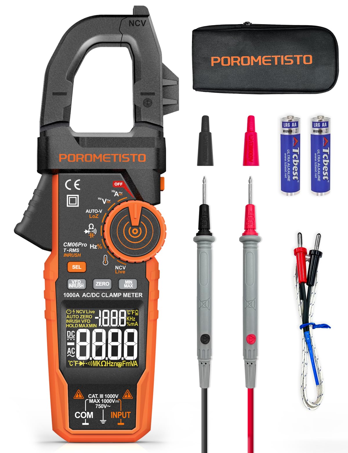 Photo 1 of ***FOR PARTS ONLY/ NON-FUNCTIONAL*** POROMETISTO Inrush Clamp Meter With Flashlight,CM06Pro Clamp Multimeter,T-RMS 6000 Counts 1000A Amp Meter with VFD,LOZ,NCV,AC/DC Voltage Current,Continuity Capacitance Frequency Resistance Temperature