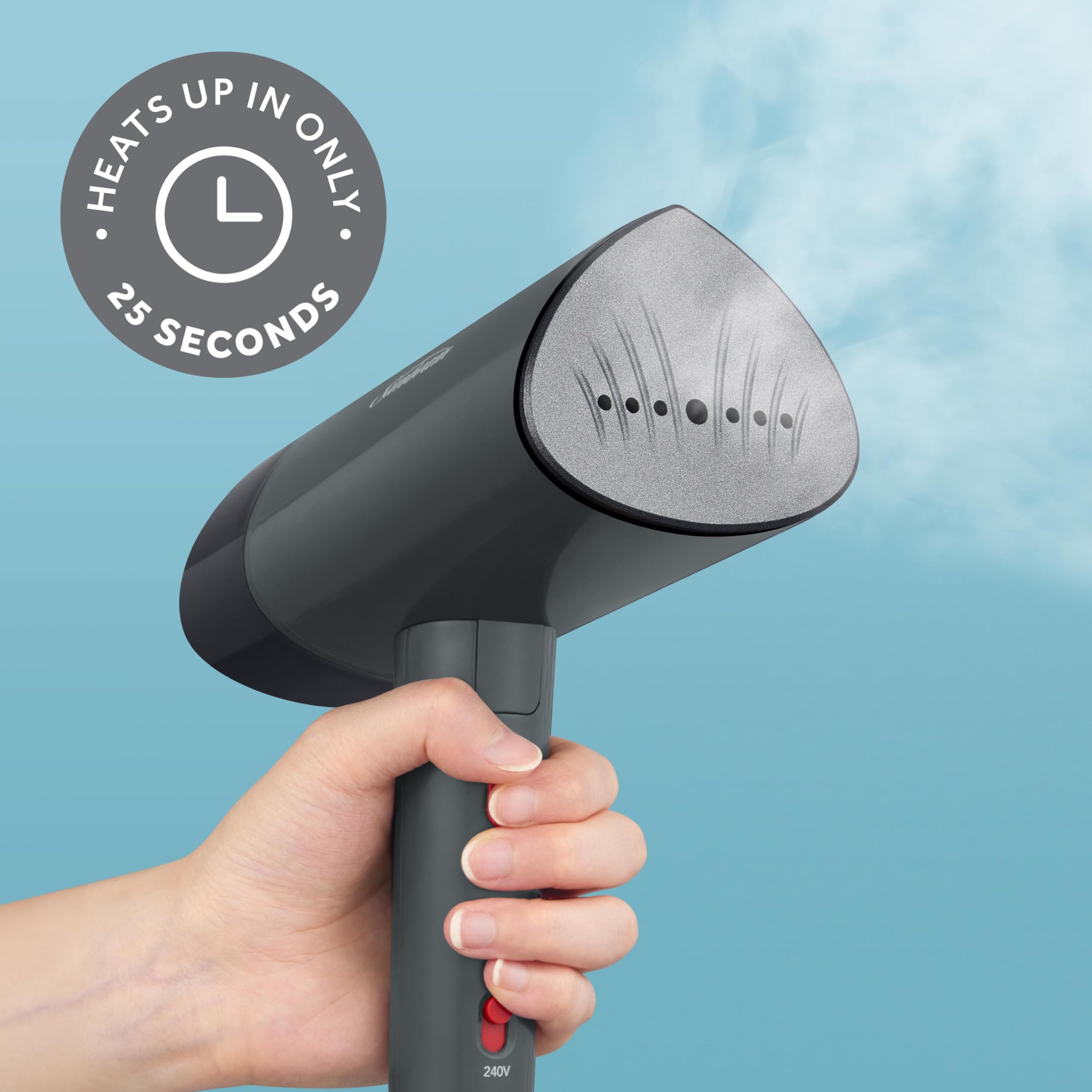 Sunbeam 1520W Handheld Steamer for Clothes, Portable, Foldable, Travel Steamer, Dual Voltage 120/240, Non-Stick, High and Low Steam Setting, 25s Heat Up, 140ml Tank, Bristle Brush, Storage Bag, Black