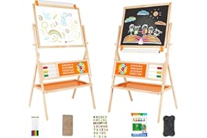 OMOTIYA 3-in-1 Wooden Easel for Kids, Toddle Double-Sided Easel with Magnetic Whiteboard and Painting Blackboard, 360° Rotatable, Paper-roll Holder, Storage Tray, and Stickers Included