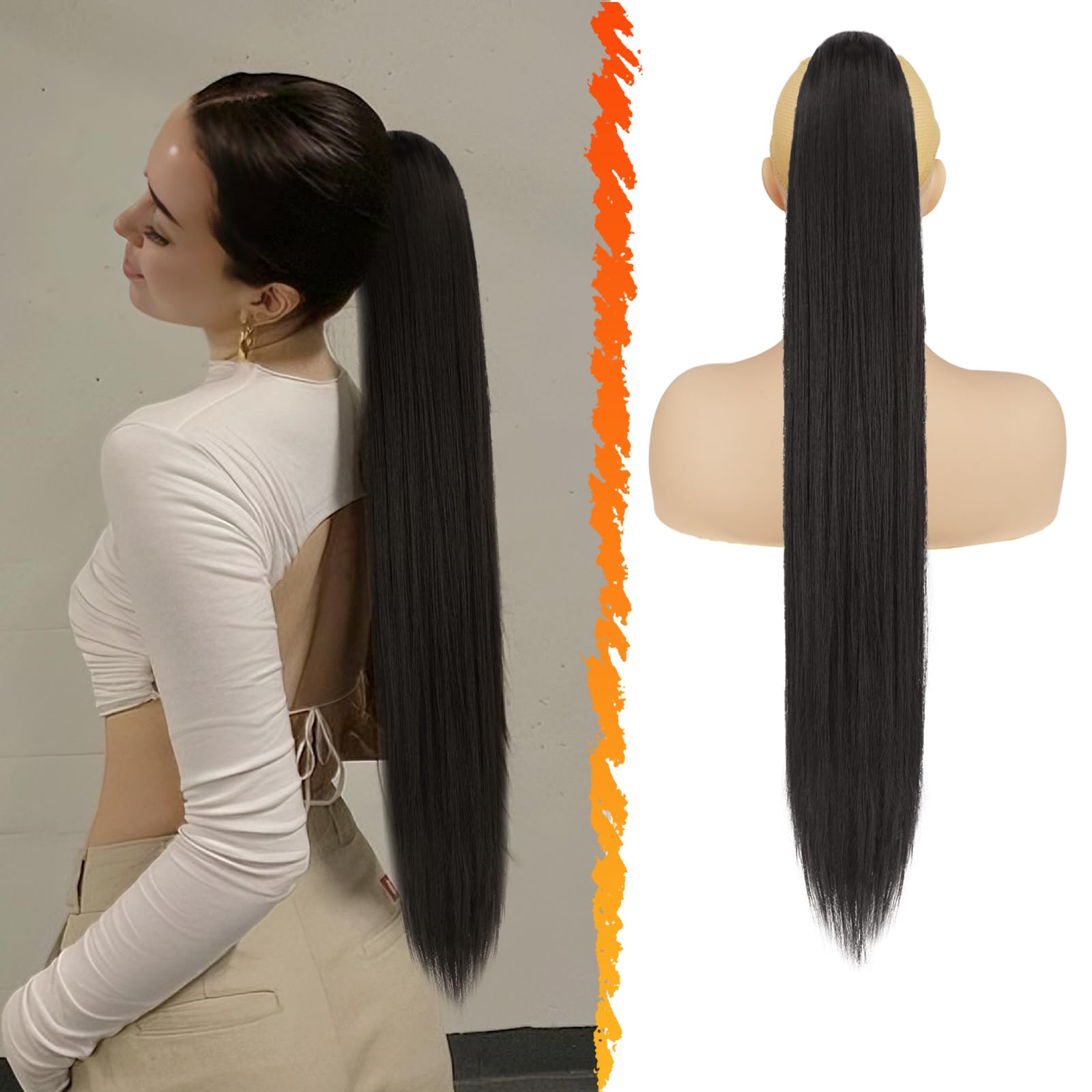 BARSDAR Long Straight Ponytail Extension, 30 Inch Drawstring Natural Black Ponytail Hair Extensions Synthetic Fake Pony Tails Hairpieces Clip in Ponytails for Women Girls Daily - Natural Black โ image 1