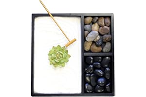 Nature's Mark Mini Zen Garden Kit for Desk with Rake, White Sand, Lotus Figure, 3 Sections Black Square Base, River Rocks and Black Rocks (9Lx9W C)
