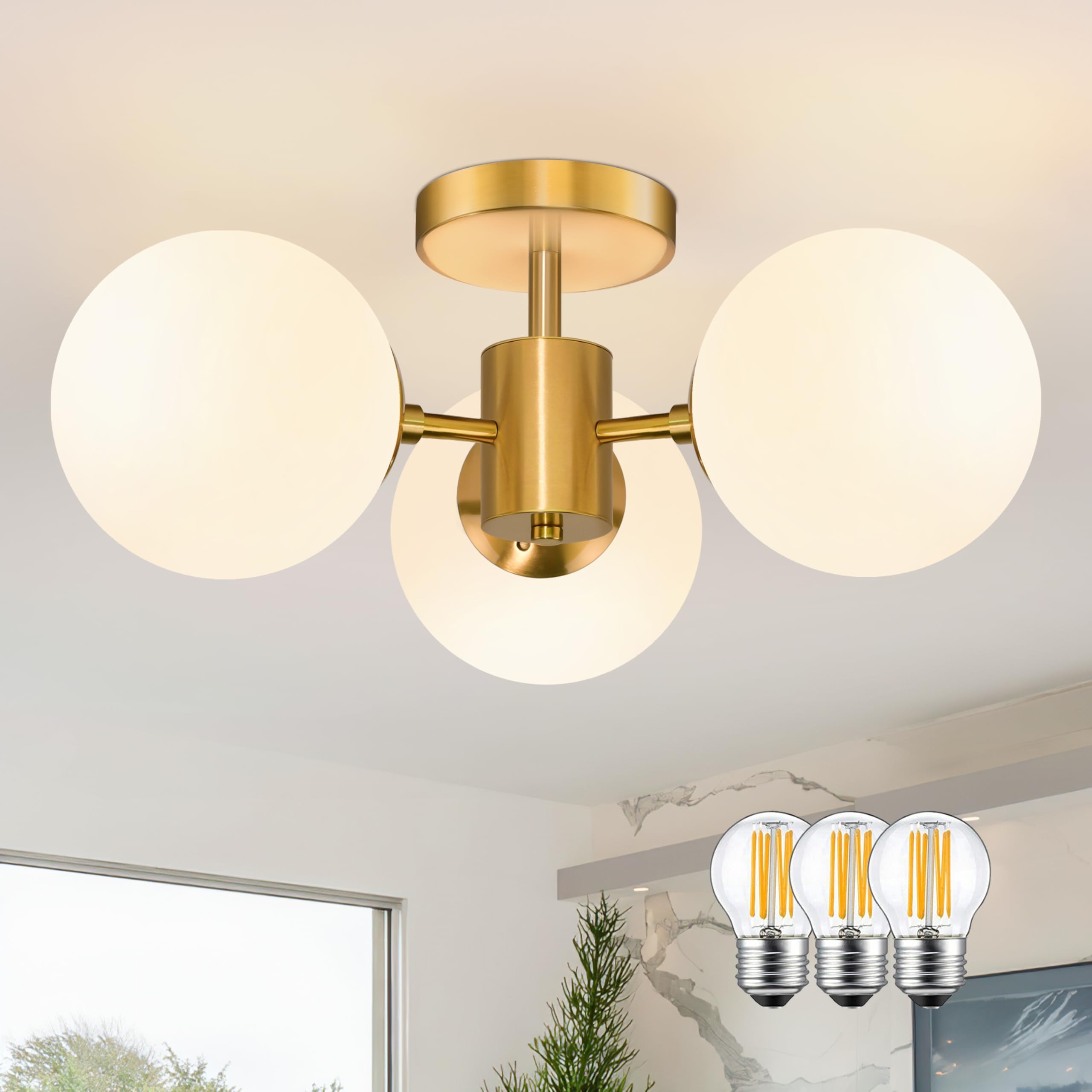 Photo 1 of Bagood Mid Century Modern 19 Inch Brass Semi Flush Mount Ceiling Lights 3-Light Frosted Globe Glass Gold Chandelier Modern Light Fixtures Ceiling Lights Fixture for Bedroom Hallway Entryway