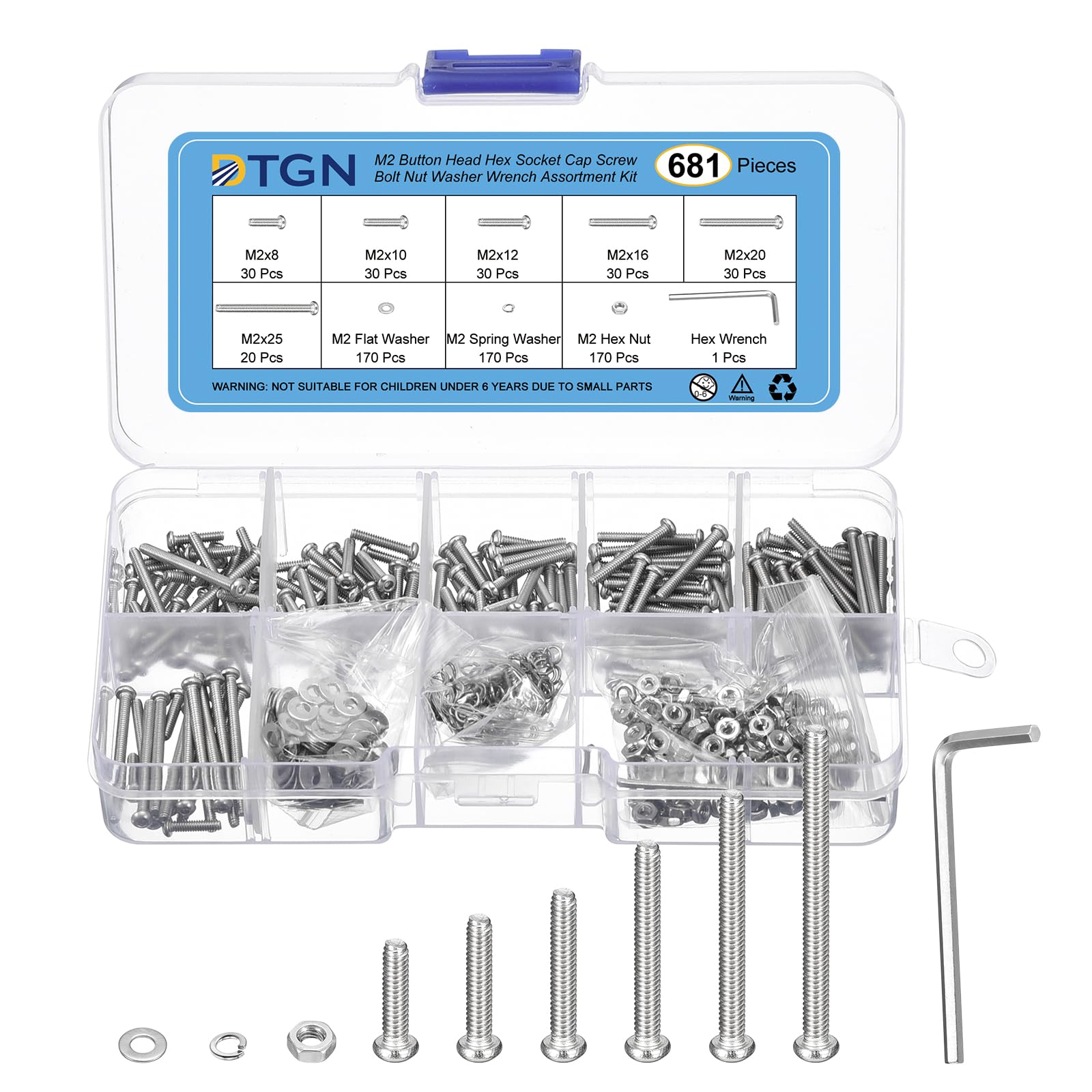 DTGN 681Pcs M2 Button Head Hex Socket Cap Screw - 8-25mm Bolt Nut Washer Wrench Assortment Kit 304 Stainless Steel - Good for Machine, Furniture