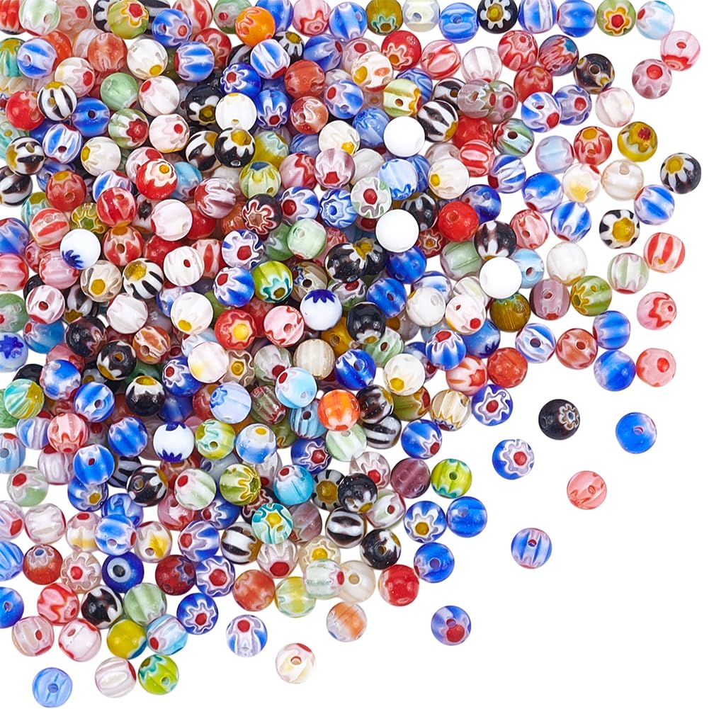 GOMAKERER 380 Pcs Millefiori Lampwork Round Beads 4mm, Mixed Color Crystal Ball Bead Smooth Loose Spacer Beads for Jewelry Making DIY