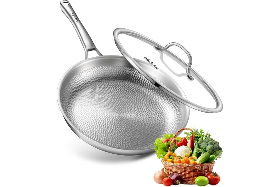Titanium Pans for Cooking | 12" Pure Titanium Hammered Pro frying au gratin pan with Lid | Non-Toxic Skillet | PFAS/PFOA/PTFE