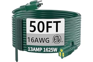 HUANCHAIN Indoor Outdoor Green Extension Cord 50 ft Waterproof, 16/3 Gauge Flexible Cold-Resistant Appliance Extension Cord Outside, 13A 1625W 16AWG SJTW, 3 Prong Heavy Duty Electric Cable, ETL