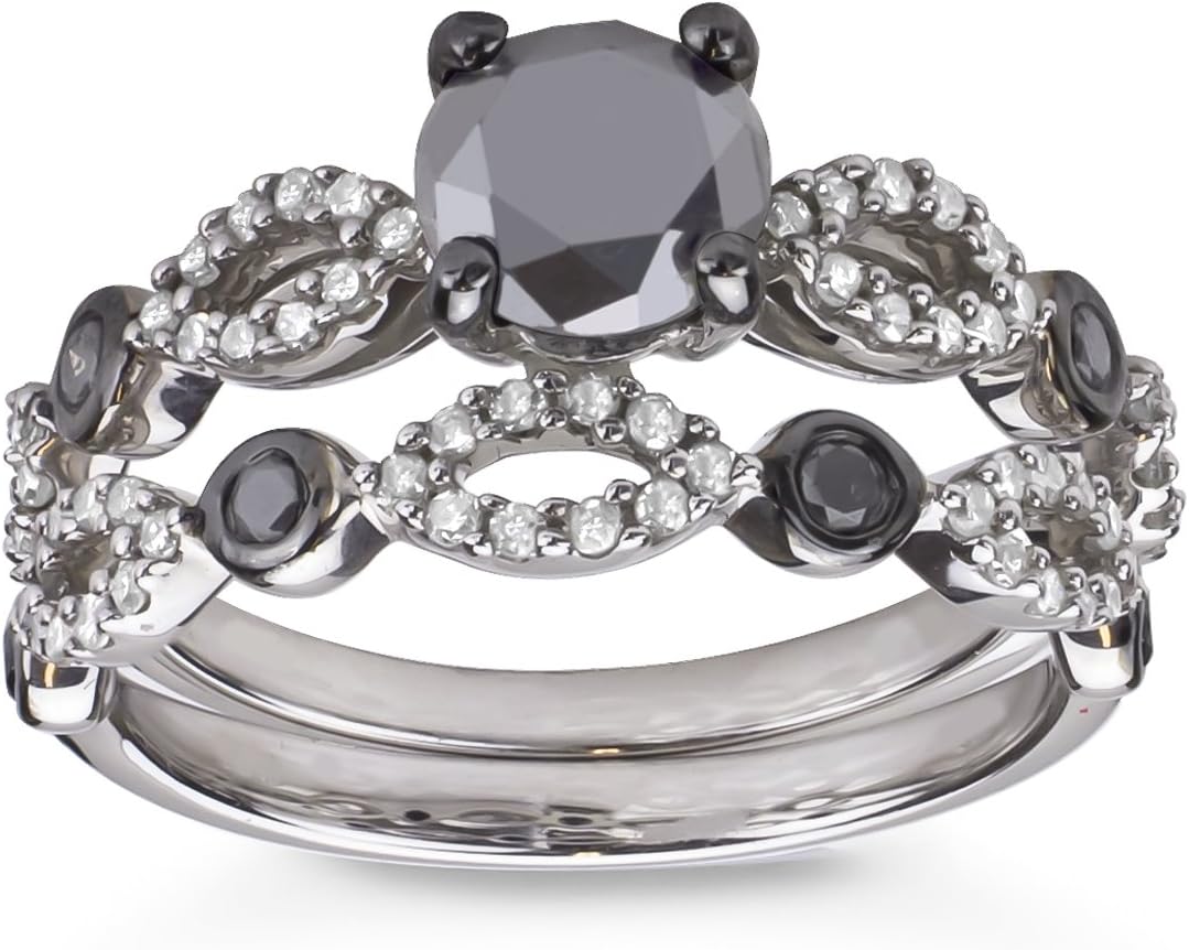 Sterling Silver 1 1/2CTTW TDW Black and White Diamond Bridal Ring Set