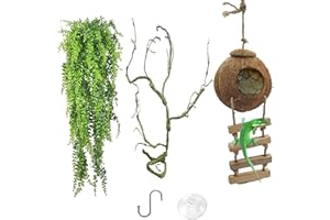 MUYG Crested Gecko Coconut Hide with Ladder,Reptile Natural Coco Shell Ladders Geckos Hideout Hut Lizards Hermit Habitat Leopard Gecko Terrarium Plant Accessories for Chameleon Snakes
