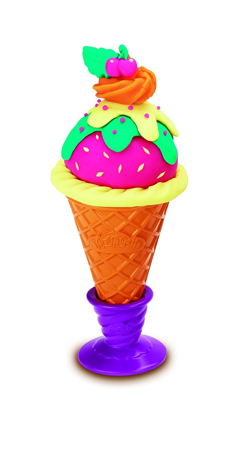 Image result for Product Description: Have your own Play-Doh sundae fun day! Now you don't have to choose between a dish or a cone, because this set has both! The easy-release scoop makes it super simple to grab some Play-Doh ice cream out of the can. You can also use the grated handle on the scoop to cover your creations in make-believe sprinkles. Squeeze on some pretend whipped cream with the extruder, and keep your cone from toppling over with the stand. Your creations will look cooler than ever, and the best part is, they won't melt! - Have a Play-Doh sundae fun day with fun ice cream-themed tools - Features both a dish and a cone so that you don't have to choose - Scoop features an easy-release button and sprinkle grater handle - Stand holds up the cone and features half-molds for decorating Ages 3 and up Fun to play with, but not to eat. © 2015 Hasbro. All Rights Reserved. What's In The Box: Includes dish, cone, scoop, extruder, spoon, stand, and 4 cans of Play-Doh Brand Modeling Compound.