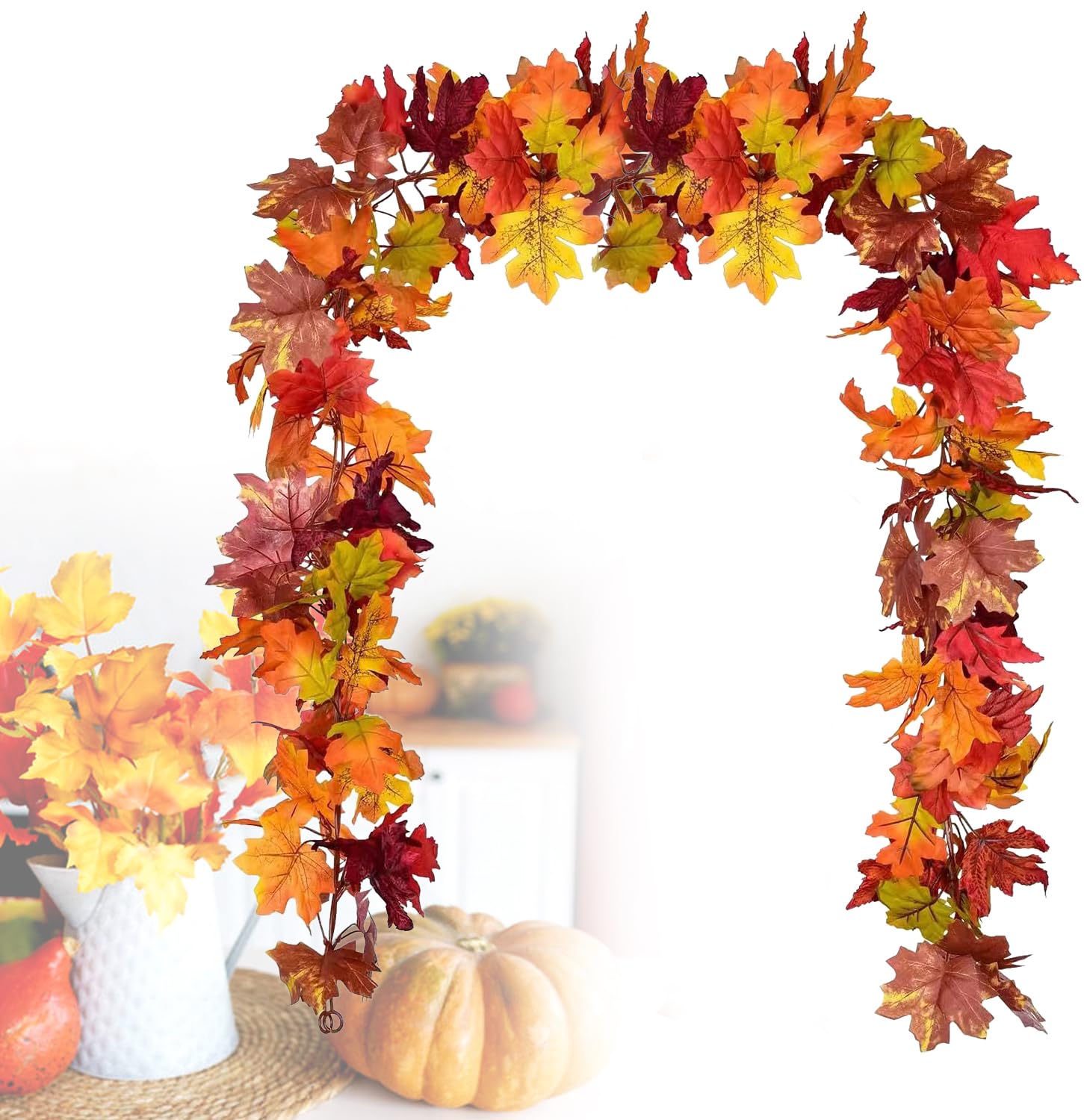 Photo 1 of Fall Leaves Garland, 2 Pack Artificial Fall Garland Maple Leaf 5.9Ft/Pieces Fall Decor Autumn Thanksgiving Decor Easy Hanging for Mantel & Table (Red)