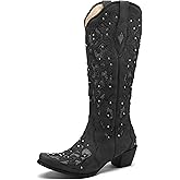 SaraIris Black Cowgirl Boots for Women Cowboy Boots Western Boots Chunky Heel Pointed Toe Pull On Rhinestones Knee High Boots
