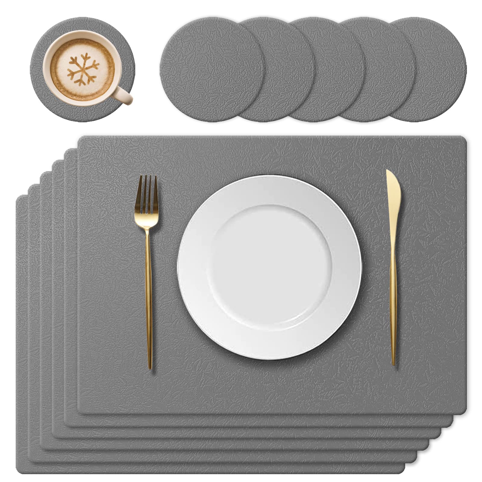 KERYCHIN Silicone Placemats and Round Glass Coasters, Washable Heat Resistant 450 °F, Non-Slip and Waterproof, Decorative Accessories for Restaurant, Kitchen, Hotel, 40 x 30 cm, 12 Pieces, Dark Grey