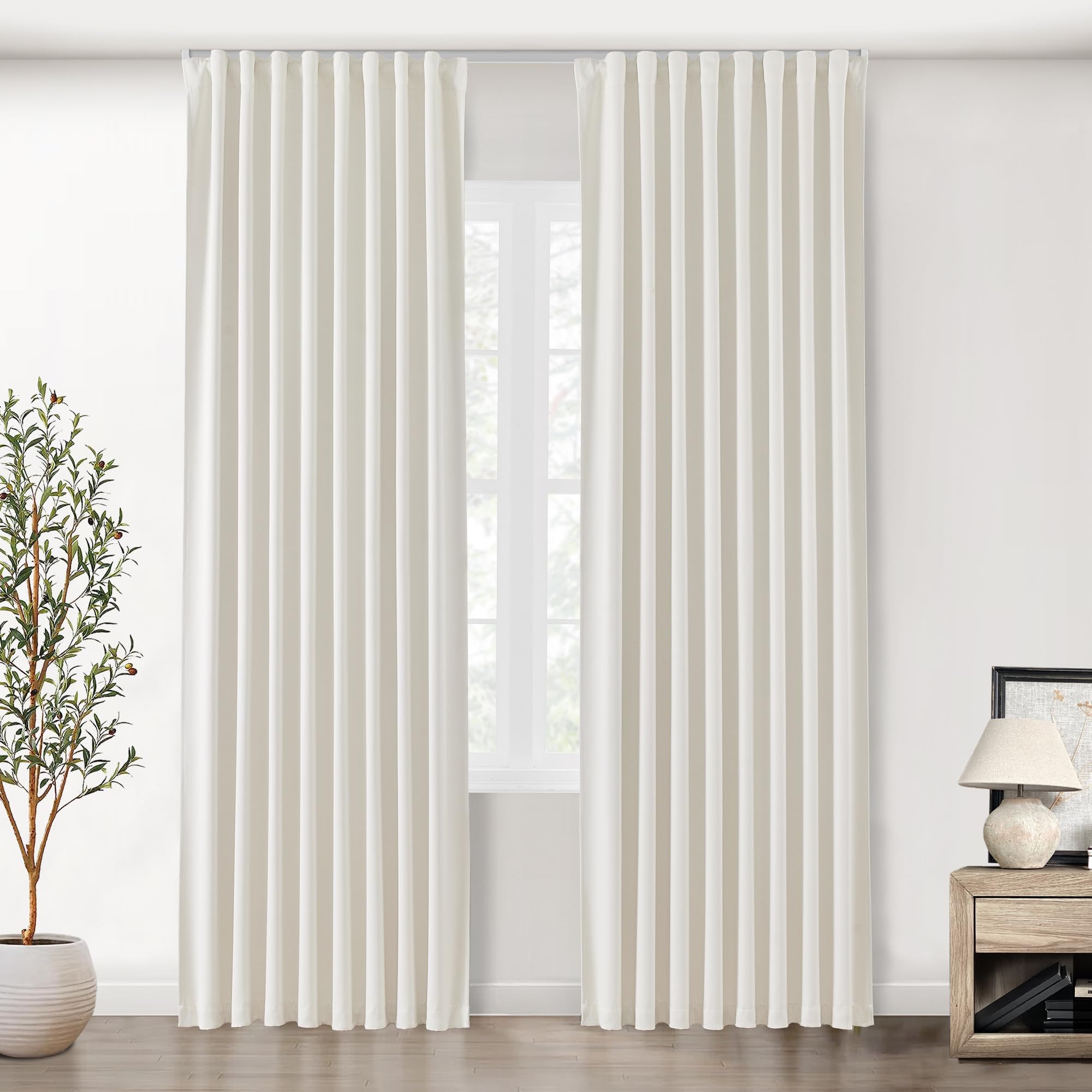 Photo 1 of SHINELAND 96 Inch Cream Curtains 2 Panel Set,Mid Century Modern Room Darkening Bay Window Bedroom Drape Ivory White Blackout for Living Room,Back Teb Floor to Ceiling Track for Curtains Track,8FT