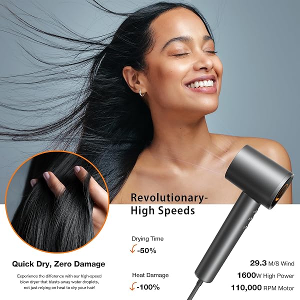 TORRAS STREAM HAIR DRYER, SPACE GRAY, HIGH-SPEED 29.3M/S, 1600W, HAIR CARE MODE, IONIC CARE, 2 MODES, 3 SPEEDS, 3 HEAT LEVELS, WITH DIFFUSERS, AEROSPACE ALLUMINUM