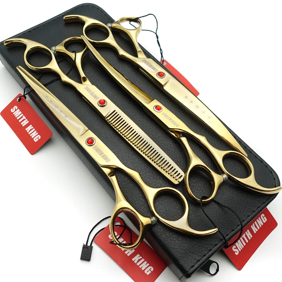 7.0 inches Professional Dog Grooming Scissors Set Straight & thinning & Curved 4pcs in 1 Set (Gold)
