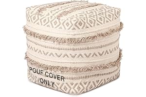 REDEARTH · UNSTUFFED Pouf Ottoman Cover Textured Boho Storage Cube Bean Bag Poof Pouffe Farmhouse Footrest for Living Room, Bedroom, Nursery; 100% Cotton (18"x18"x18"; Taupe Natural)