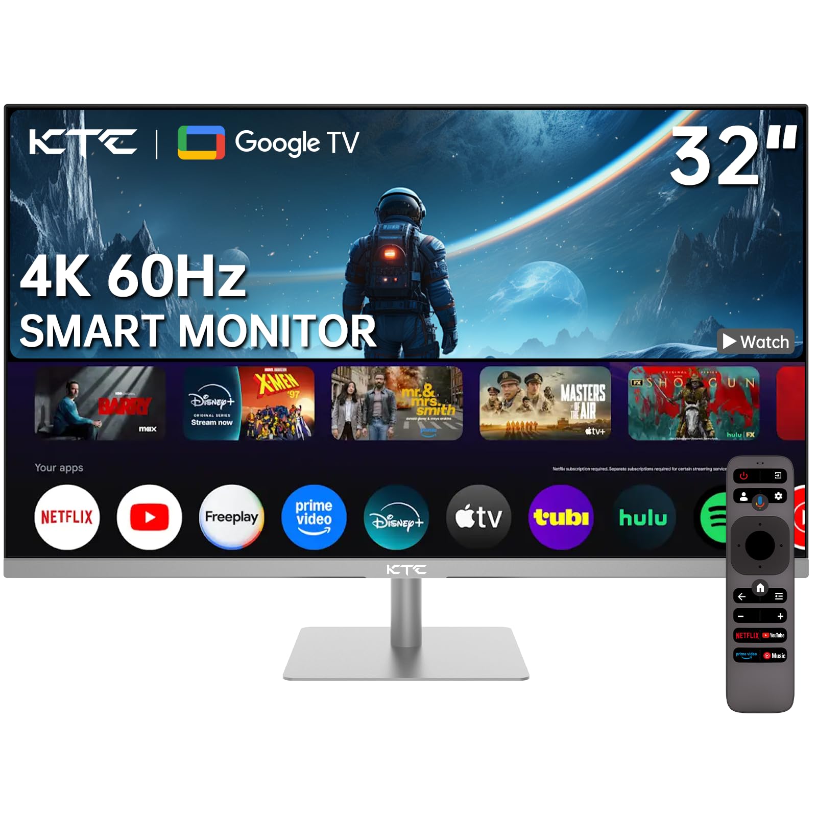 KTC 32 Inch 4K Smart Monitor with Google TV System UHD 3440x2560P Hey Google Voice Remote Netflix Licensed Dolby Audio HDR KVM Technology WiFi Bluetooth 65W PD Type C Fast Charger VESA Support