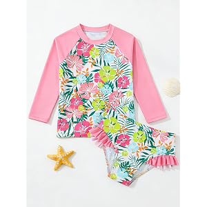 Girls 2 Piece Long Sleeve Swimsuit withTropical Floral Print Ruffled Split Bathing Suit ，for Kids 3‑8Y