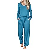 Ekouaer Womens Pajama Set Ribbed Knit PJs 2 Piece Lounge Set Long Sleeve Top and Pants Comfy Sleepwear with Pockets