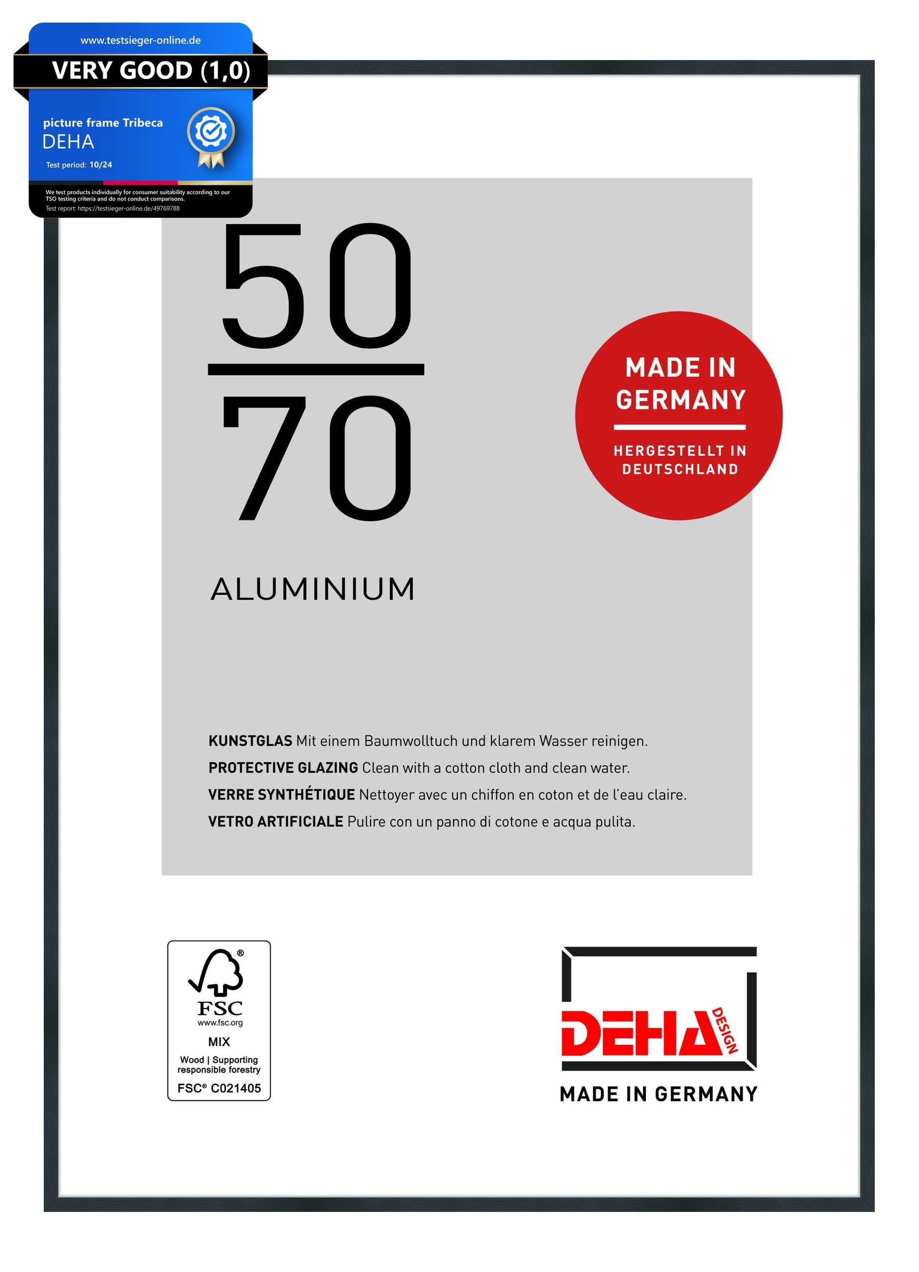 DEHA Design Tribeca Aluminium Picture Frame - 50x70 cm – Brushed Black - with Synthetic Glass and Push/Turn Clips