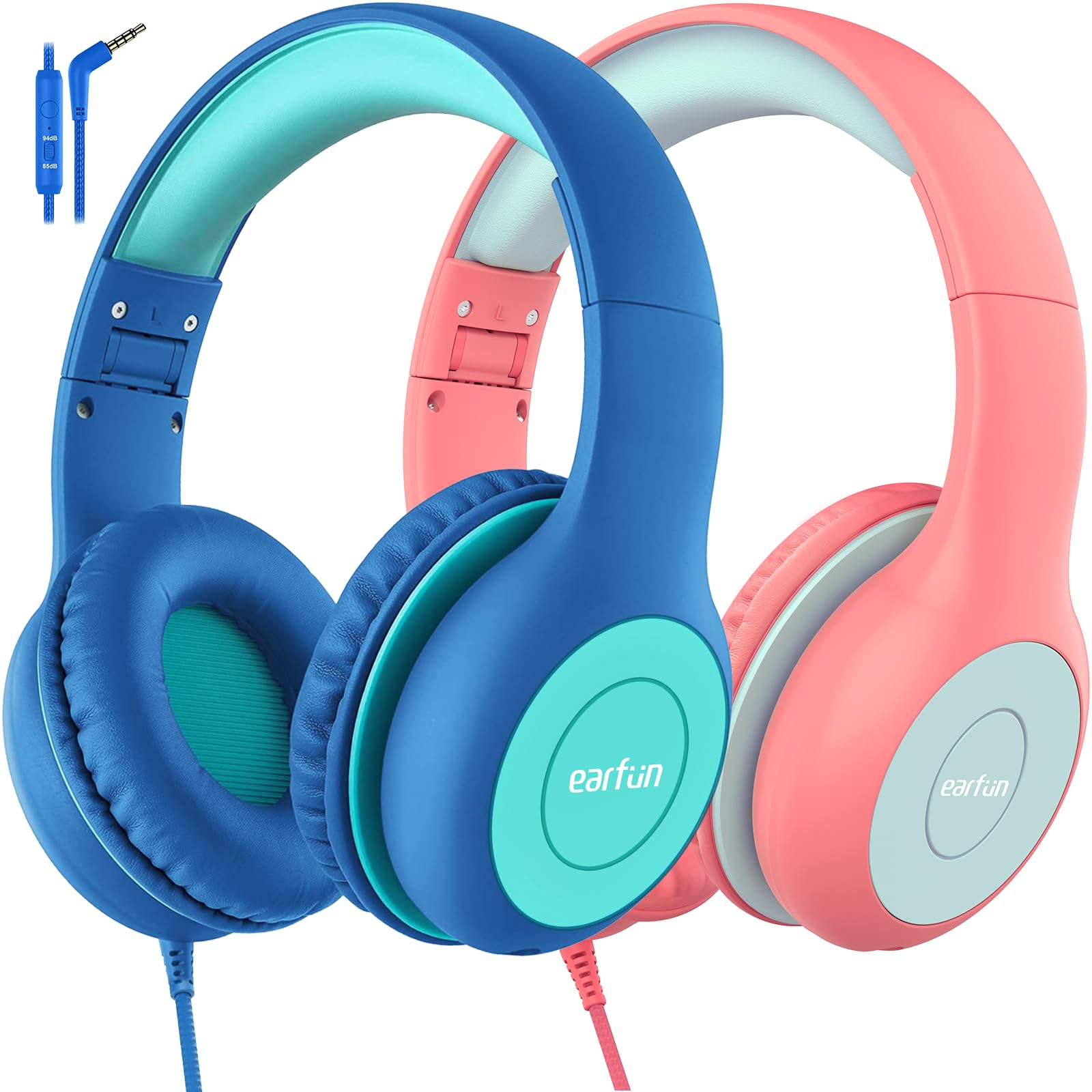 EarFun Kids Headphones 2 Packs, Wired Headphones Kids 85/94dB Volume Limit, Sharing Function, Stereo Sound Adjustable Headband Children Headphone for School/Travel/Phone/Tablet, Blue Green — image 1