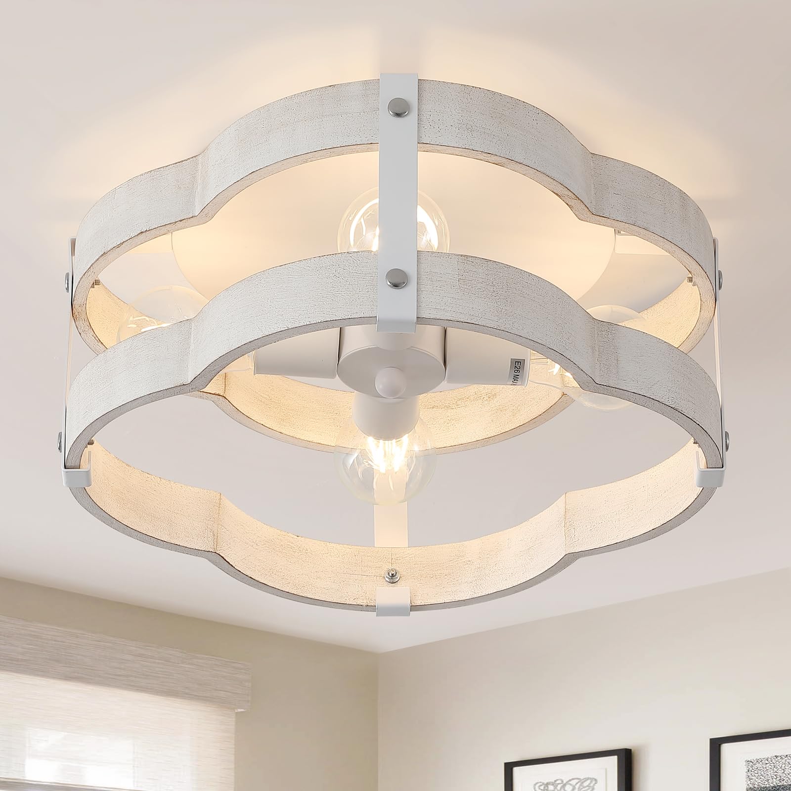 Photo 1 of 4-Light Modern Farmhouse Wood Flush Mount Ceiling Light Fixture 14.17 inch Rustic Distressed Wood and Metal Cage Semi Flush Mount Ceiling Light for Hallway Entry Bedroom Farmhouse, Antique White