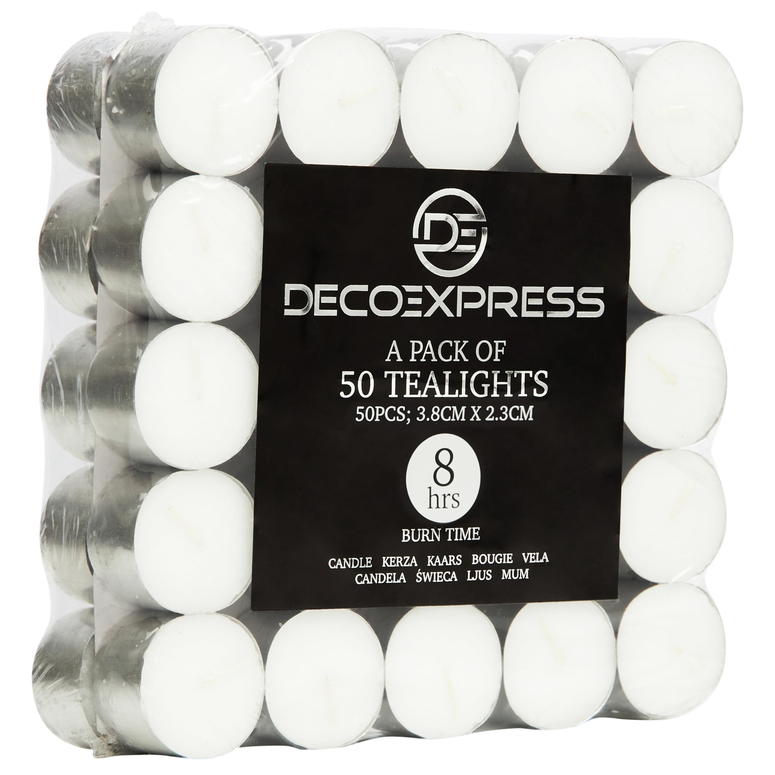 DECO EXPRESS Tealight Candles Multipack of 200, 100, 50, 25 or 24, Burning Time 4, 8 or 10 Hours - Tea Lights Candles (White 50/8 Hours)