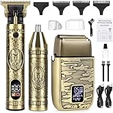 Electric Foil Shaver for Men, T-Blade Beard Trimmer Razor Nose Hair Trimmer Set, Cordless Rechargeable Beard Trimmers Professional Hair Clippers Kit with LCD, Gifts for Men Him Dad Fathers Day