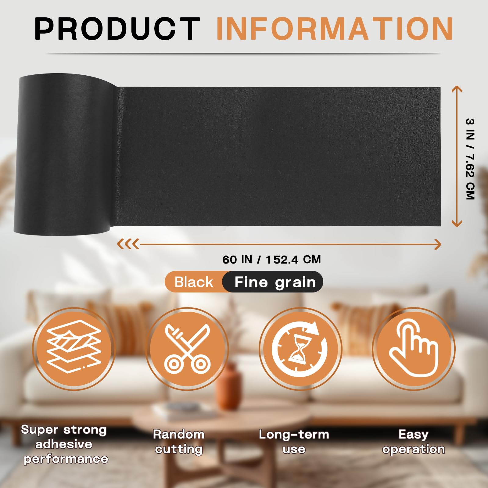 Leather Repair Patch, 3 x 60In Self Adhesive Leather Repair Tape Kit for Furniture, Couch, Sofa, Office, Car Seats, Car Interior,Vinyl Repair Kit (Black-Fine Grain)