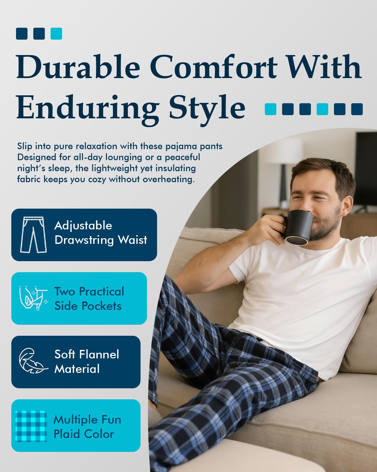 Active Club Men’s Flannel Pajama Pants – Soft Sleep & Lounge Pants with Pockets & Adjustable Drawstring – Plaid Lounge Bottoms (Navy Blue Plaid, Medium)