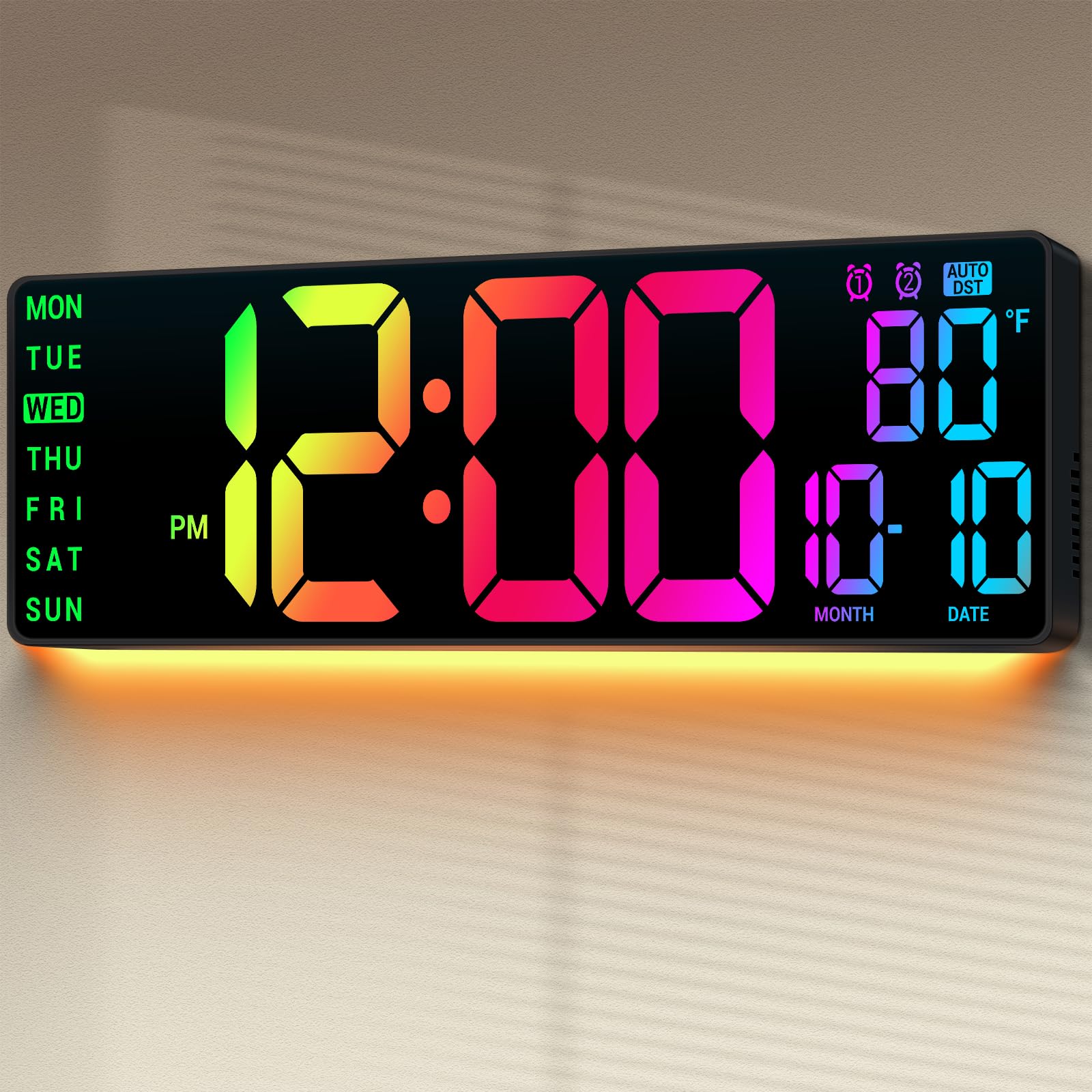 Photo 1 of ANSOPER 16.5" Large Digital Wall Clock: 11 RGB Color LED Display with Remote Control, Auto DST, Temperature & Date, Big Number Wall Clock for Seniors, Classroom, Office, Gym, Home Decor Black
