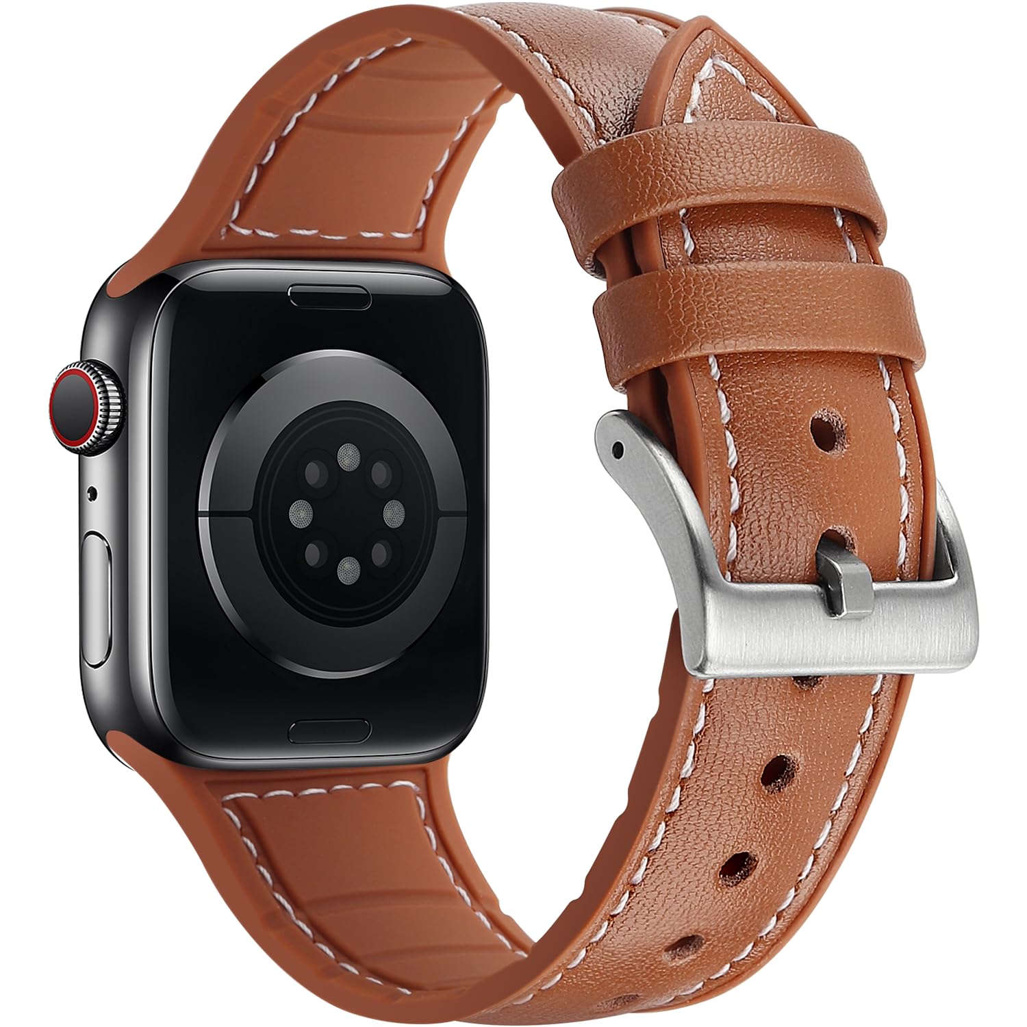 Tasikar Compatible with Apple Watch Strap 41mm 40mm 38mm, Genuine Leather with Soft Silicone Hybrid Design Sport Band Compatible for Apple Watch Series 9 8 7 6 5 4 3 2 SE - (38/40/41mm, Brwon)