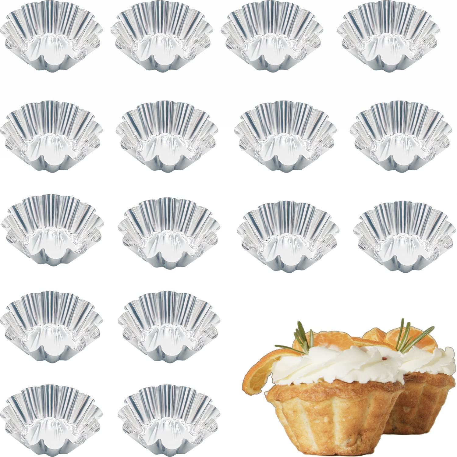 PEZEEU Stainless Steel Muffin Tins, 16 Pieces Egg Cake Mold, Reusable Muffin Moulds, Nonstick, Mini Flower Shaped Baking Mould for Pudding, Cakes, Cupcakes, Muffin