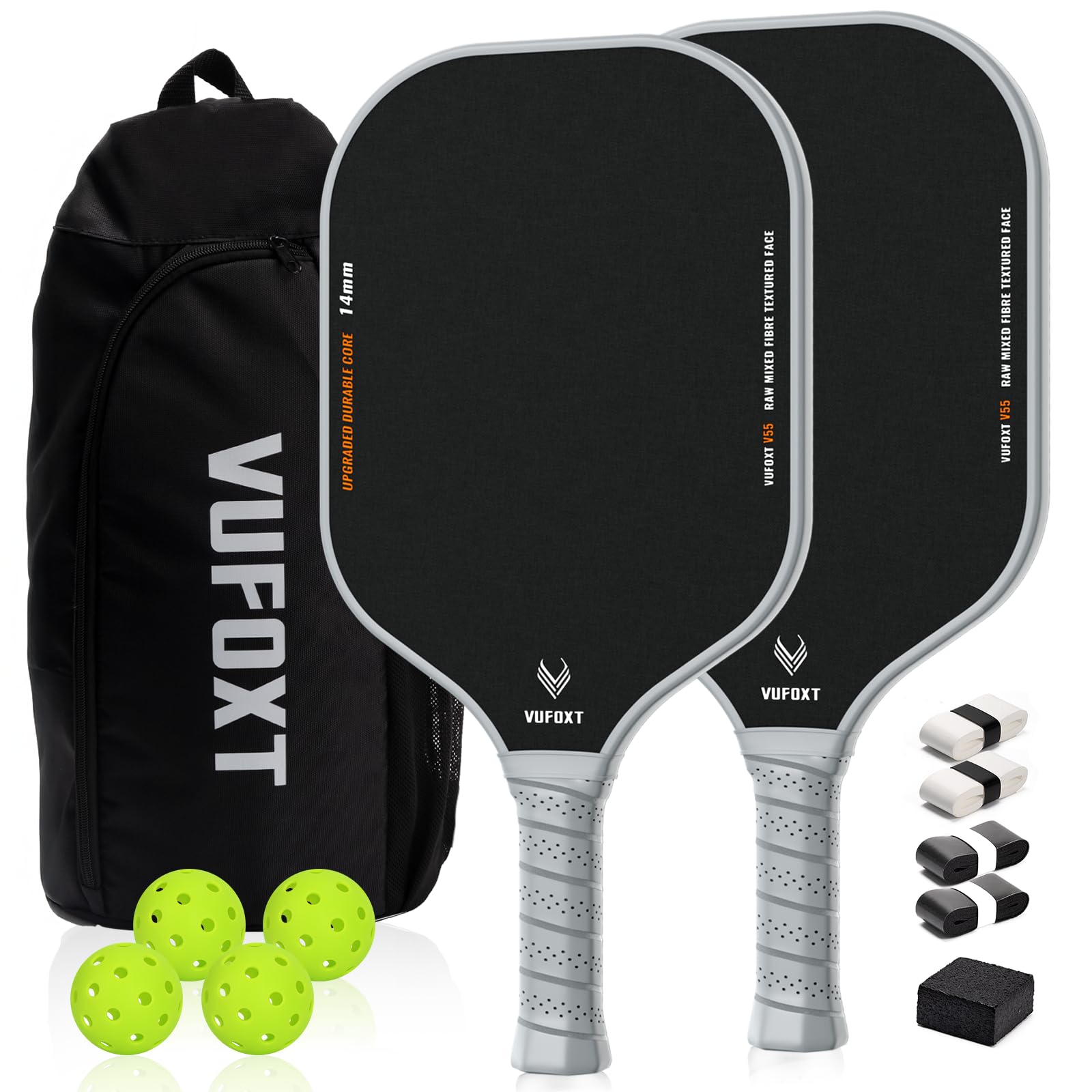 Photo 1 of Pickleball Paddles Set of 2, Lightweight Raw Carbon and Glass Fiber Surface Pickleball Racket Set with 14mm PP Honeycomb Core, USAPA Compliant, 4 Pickle Balls, 4 Tapes, 1Bag, 1 Paddle Cleaner