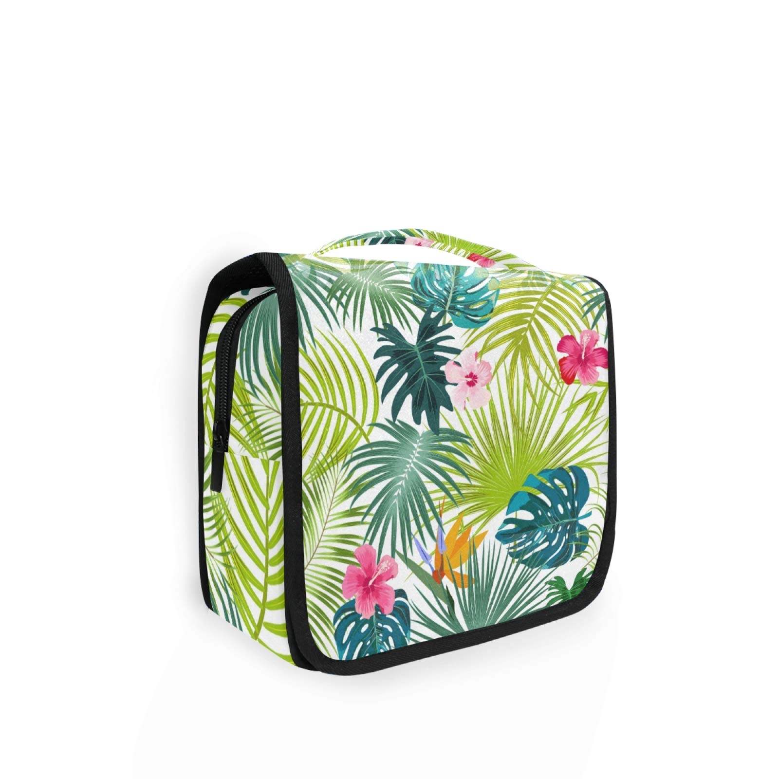 Moyyo Green Tropical Leaves Organised Hanging Toiletry Bag, Portable Cosmetic Organiser for Women, Girls and Kids - Perfect for Gym, Camping Trips