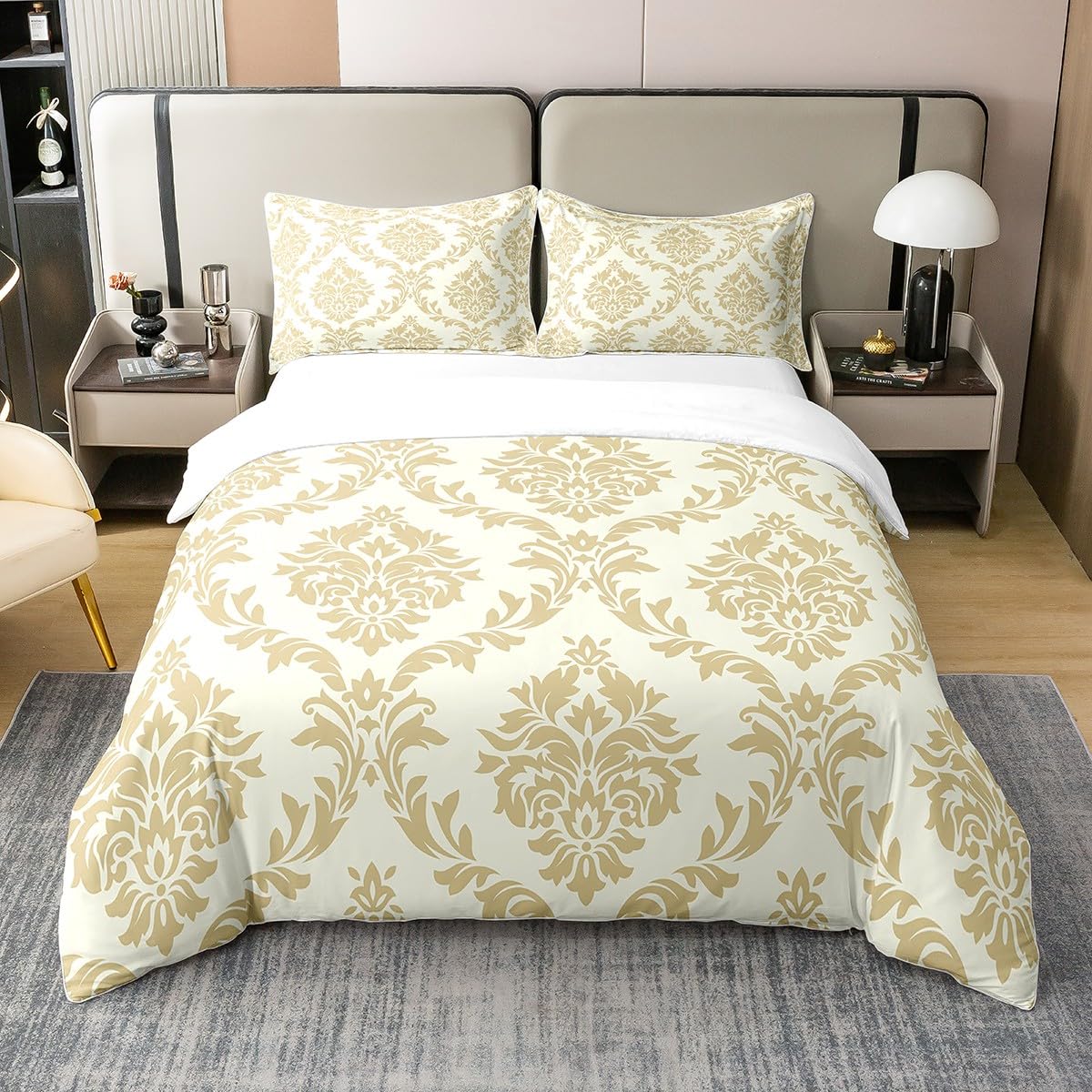 100% Washed Cotton Gold Damask Bedding Set King,Antique Baroque Vintage Floral Comforter Cover,Classical Flowers Duvet Cover Kids Teen Adults,Elegant European Art Style Comfy Quilt Cover