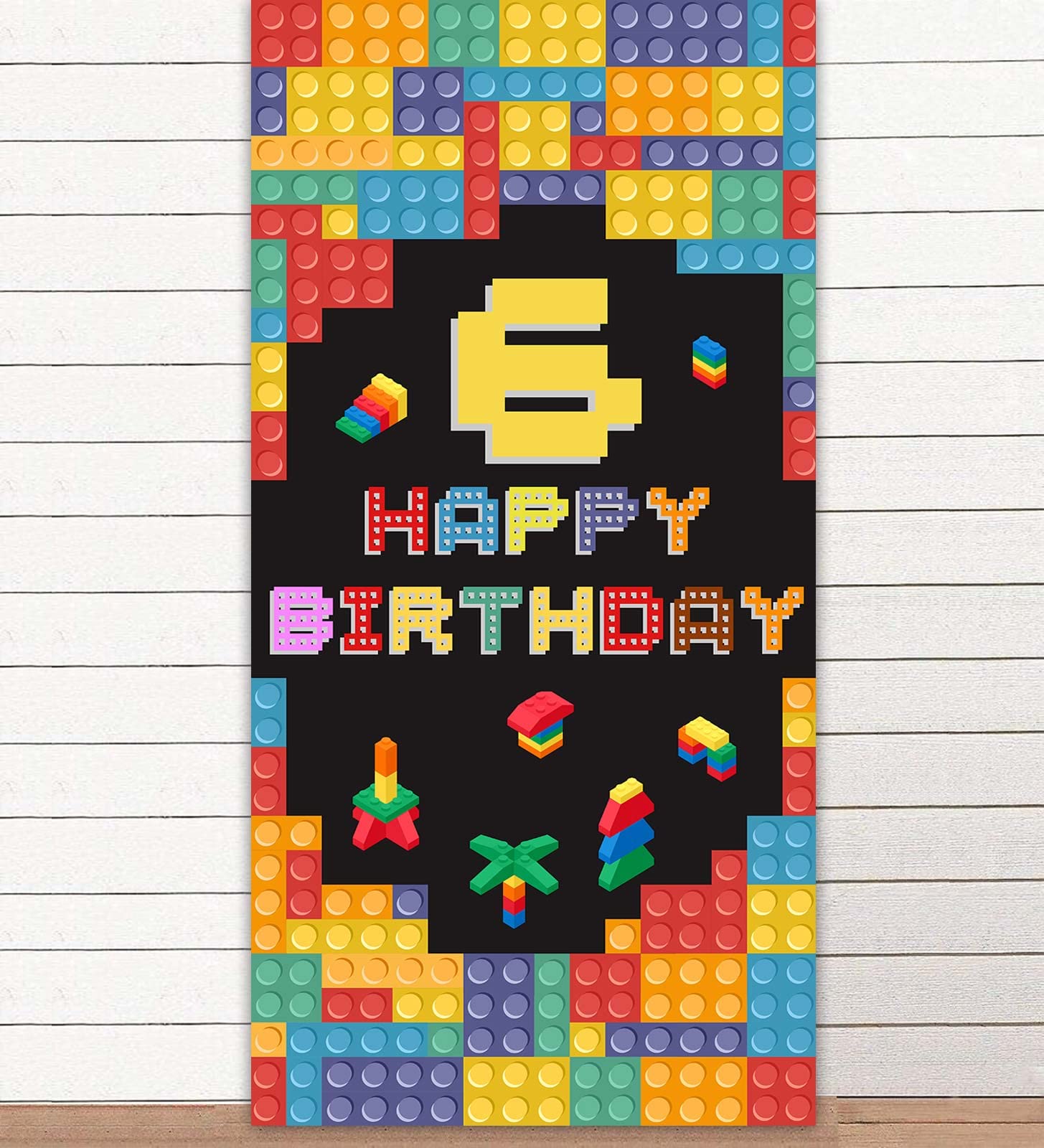 Photo 1 of Colorful Building Blocks Happy 6th Birthday Banner Backdrop Background Construction Toys Bricks Blocks Theme Decor for Boy 6th Birthday Party Favors Supplies Decorations