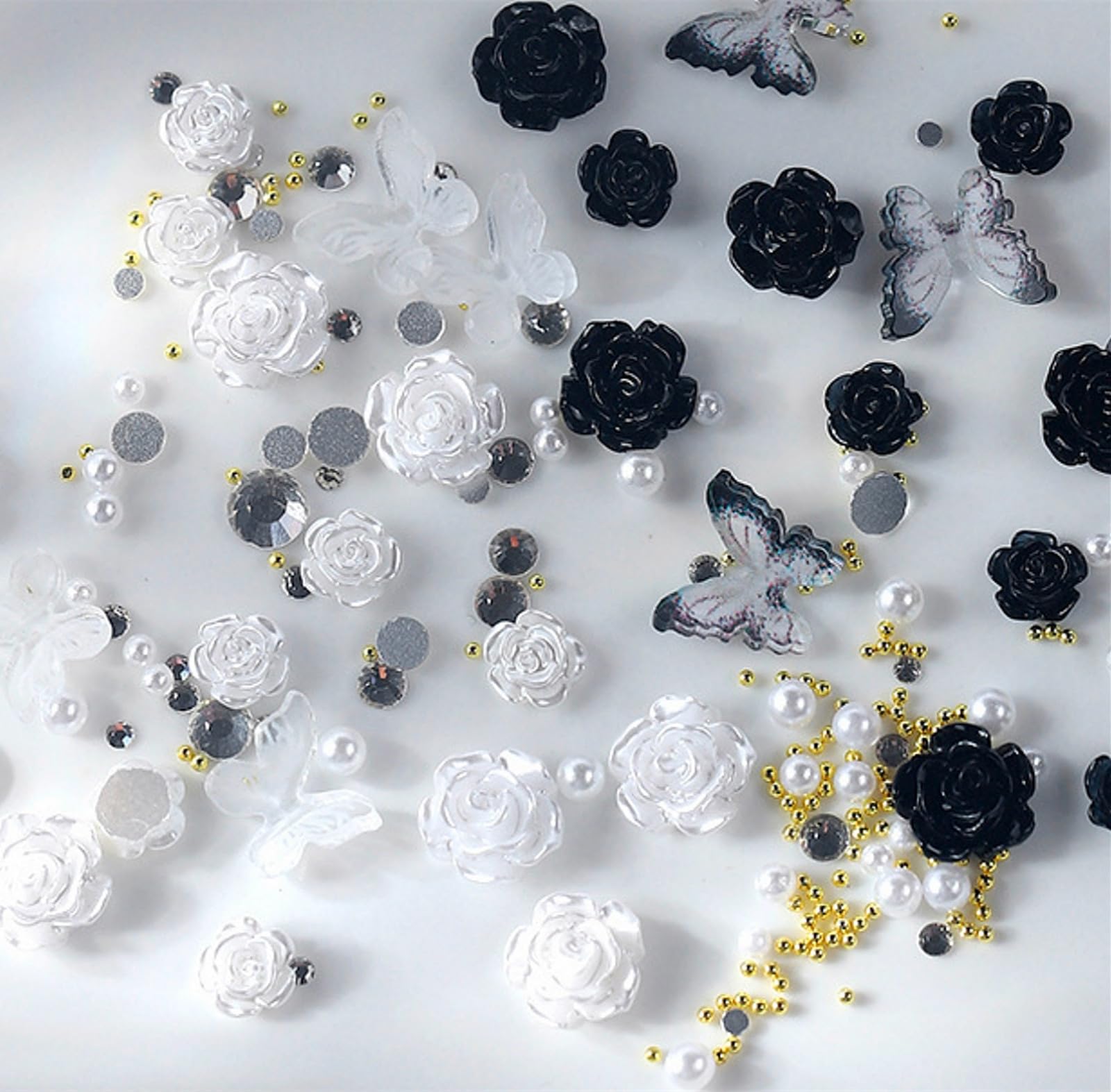 3D Flower Nail Charms, 180 Pcs White Black Clear Acrylic Camellia Nail Art Charms Rose Butterfly Nail Rhinestones Gems Jewelry with Mini Caviar Beads Pearls (White+Black+Clear)