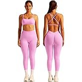 ABOCIW 2 Piece Workout Sets for Women Seamless Strappy Sports Bra V Scrunch Butt Lifting High Waist Leggings Gym Set