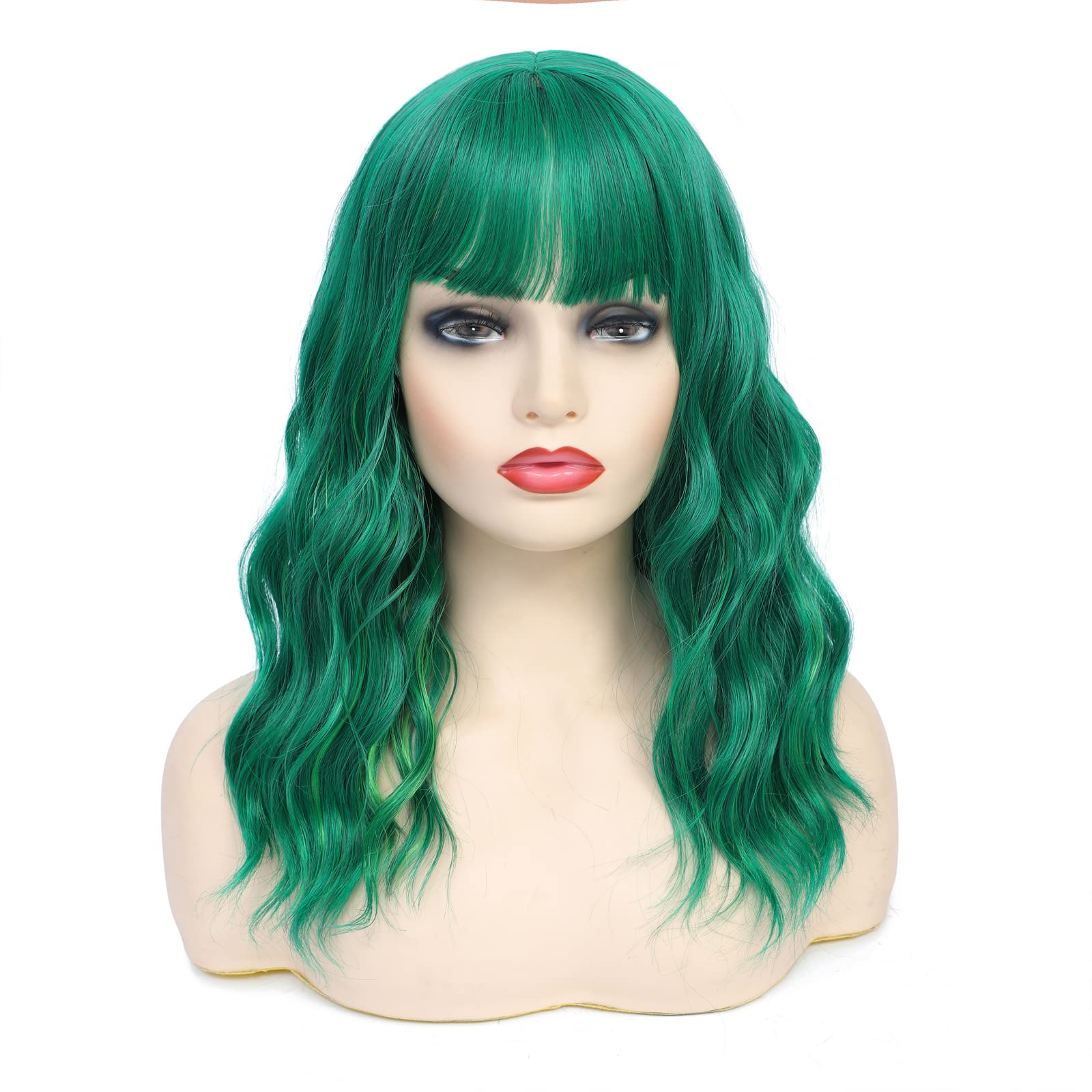 Short Bob Wigs with Bangs for Women Green Wavy Wig Shoulder Length Synthetic Hair for Daily Party Use(14 Inches).