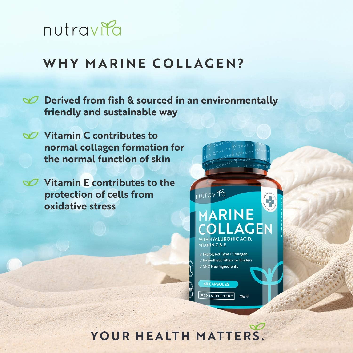 Nutravita Marine Collagen 1000mg, 60 Capsules of Superior Type 1 Hydrolysed Collagen, Enhanced with Hyaluronic Acid - Image 3