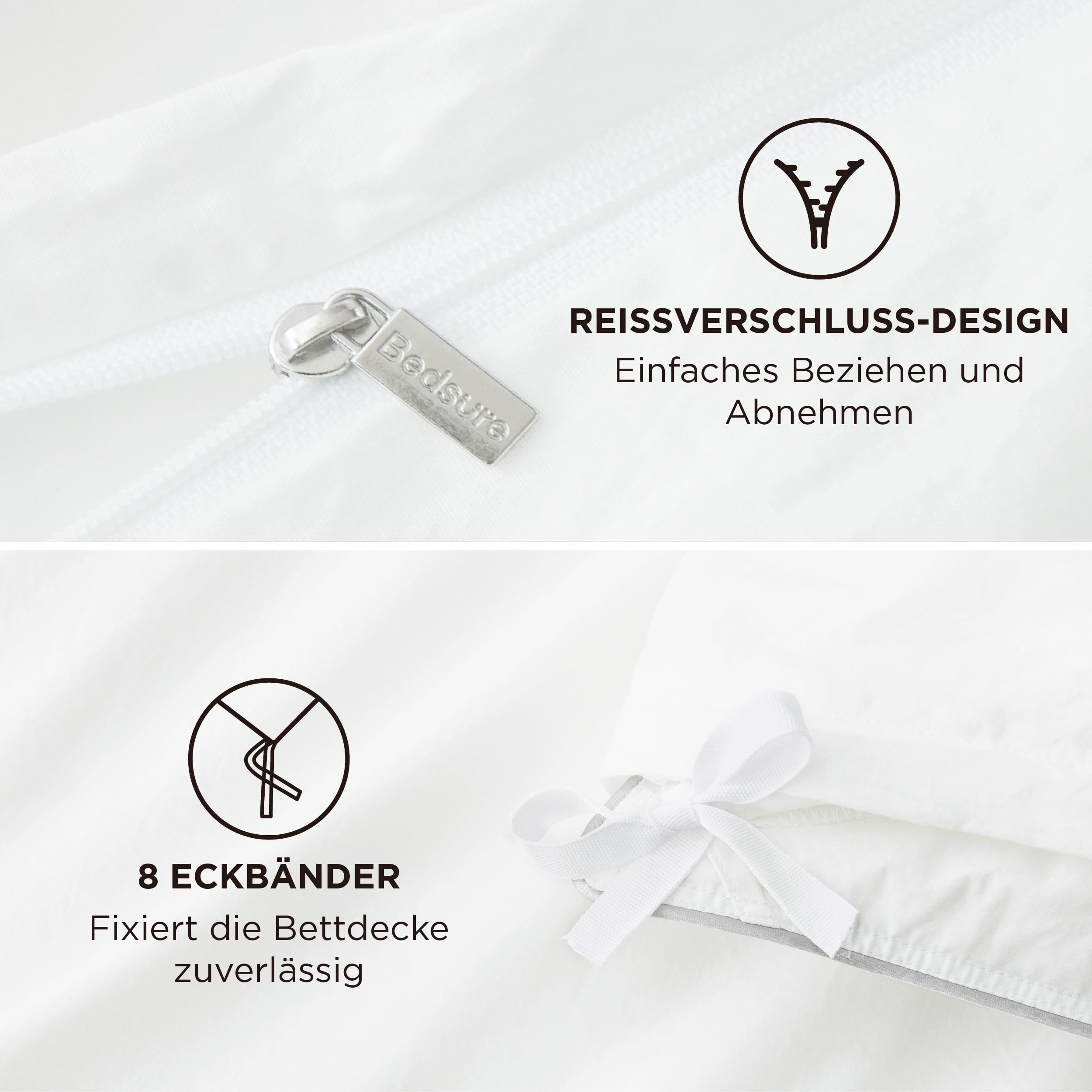 BEDSURE Bettwäsche 155x220 Baumwolle 3teilig - Bettwäsche-Sets Weiß Bettbezug mit 2 Kissenbezüge 80x80 cm, Ähnliche Textur wie Washed Leinen, Oeko-TEX Bedding Set mit Reißverschluss 5