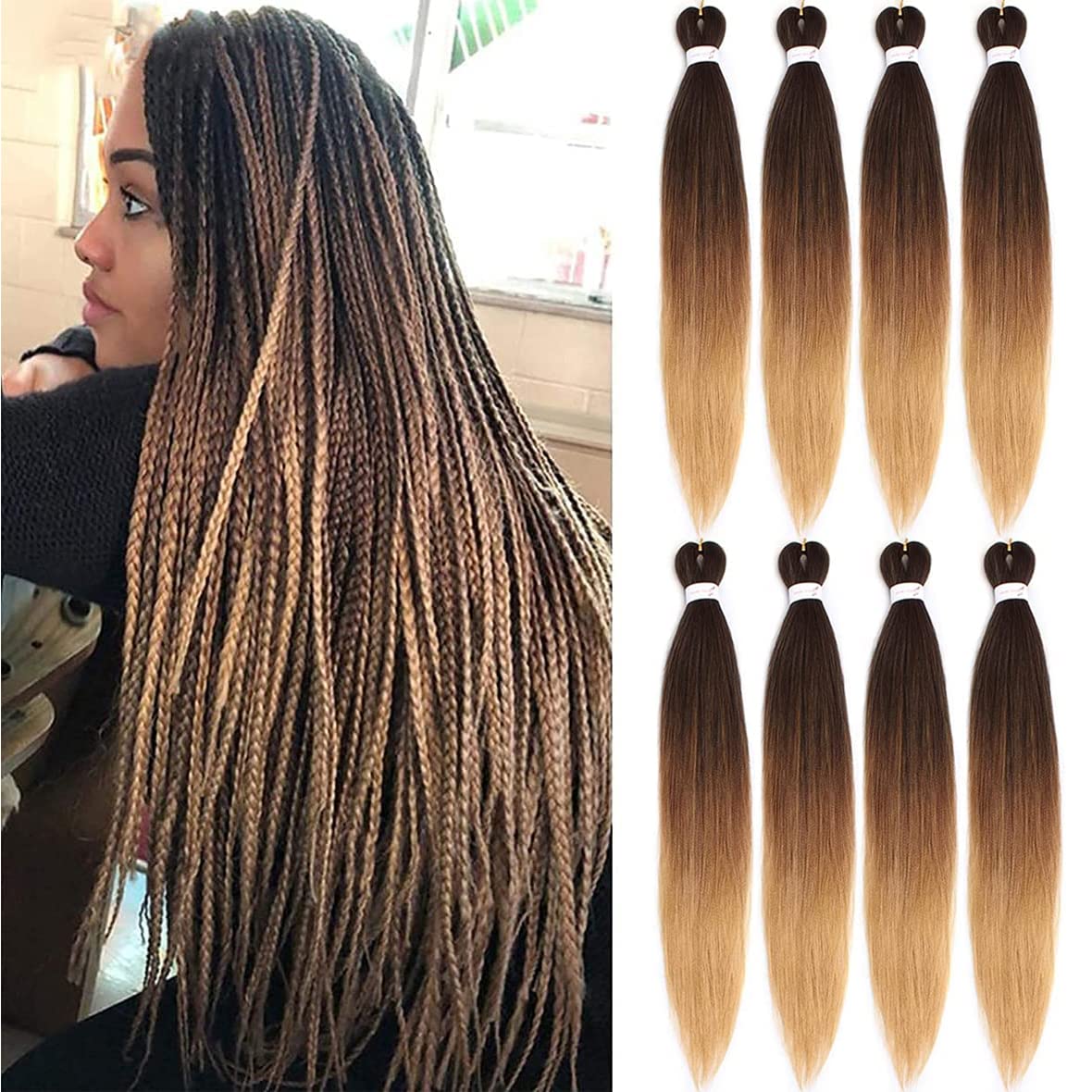 Leeven 30 Inch Pre Stretched Braiding Hair Extension for Woman 8 Packs EZ Braids Yaki Hot Water Setting Kanekalon Hair for Braiding Pre Stretched Ombre Braiding Hair /30 Inch 1B3027#