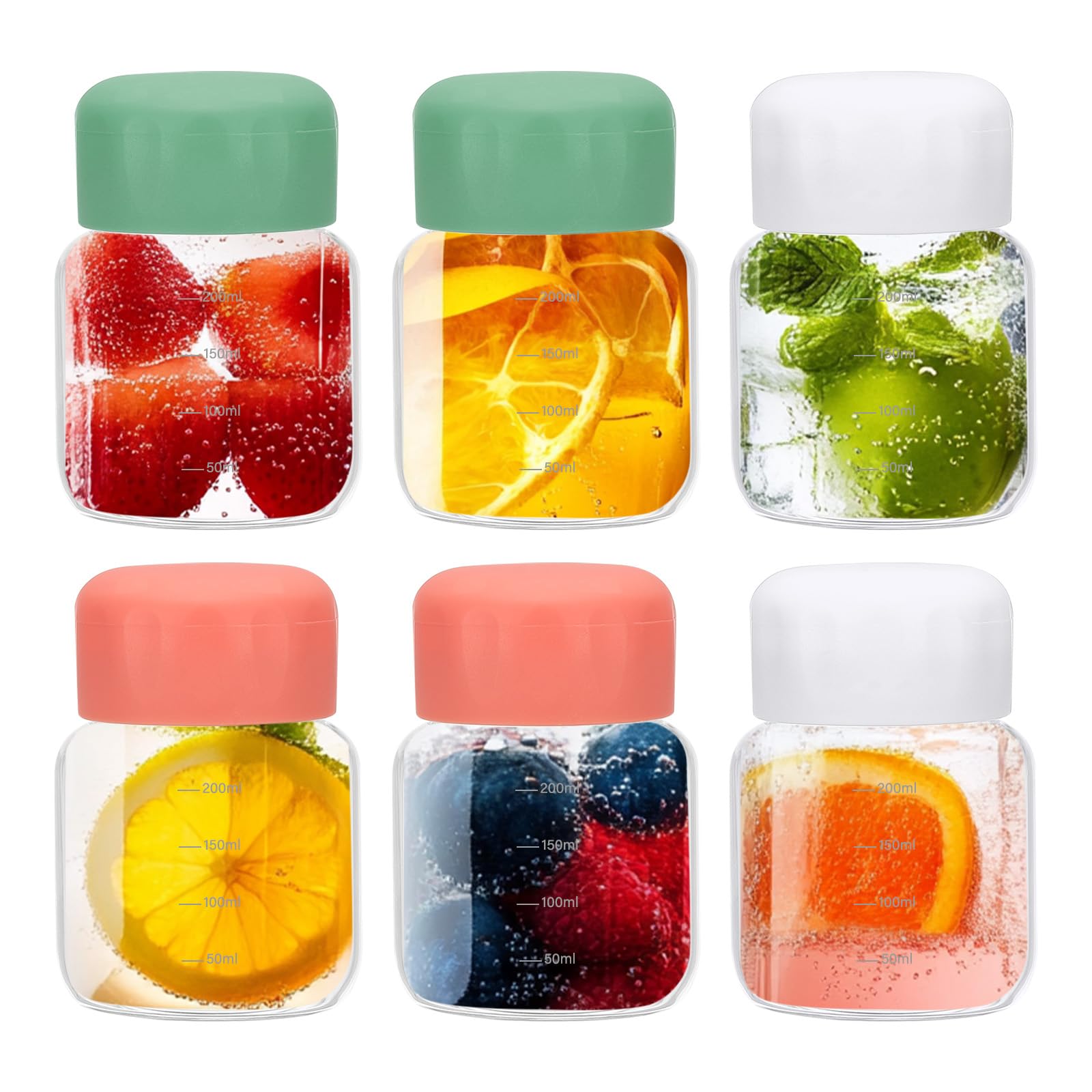 PATIKIL Small Juice Glass Bottles with Lids,6Pcs 10 Ounce(300ml) Borosilicate Glass Water Bottle Leakproof Cute Drinking Bottles Shot Bottles for Juicing Fridge Water Milk,Green/Pink/White