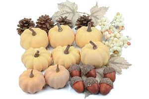 Artgar Fake Foam Pumpkin - Fall Decor - 24 PCS Pumpkin Decor Set with Acorns Pinecones Maple Leaves Berries for Halloween Thanksgiving Fall Harvest Home Decor DIY Crafts Table Centerpieces